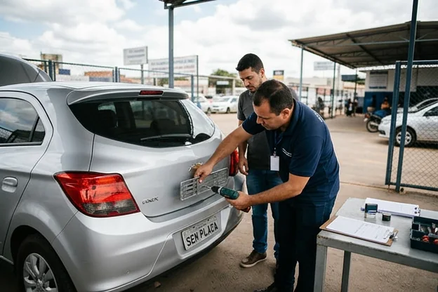 Profissional auxiliando emplacamento de veículo em Montes Claros.